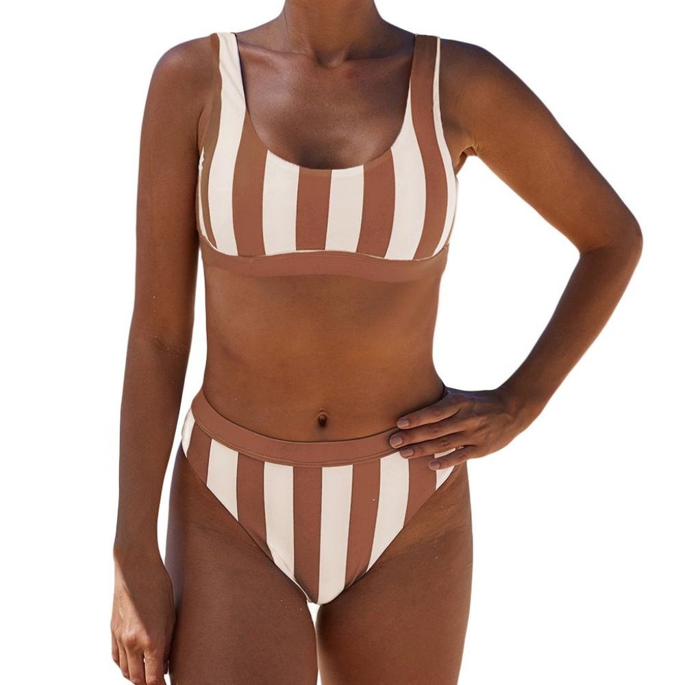 SOLD New! Brown striped high wasted bikini